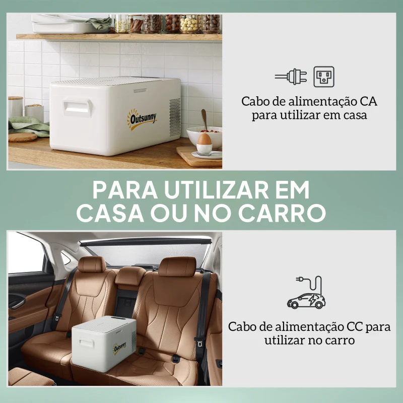 Outsunny Geleira Portátil Elétrica 16,8L 12V-220V Mini Geleira com Compressor Luz LED Ecrã Digital Modos ECO e MAX de -20℃ a +20℃ 59x32x26 cm Creme