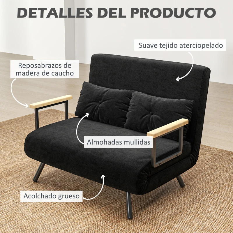 HOMCOM Sofá Cama Convertible 3 en 1 Sillón Cama 2 Plazas Plegable Respaldo Ajustable de 5 Niveles Almohadas 102x73x81cm Negro(m-6)