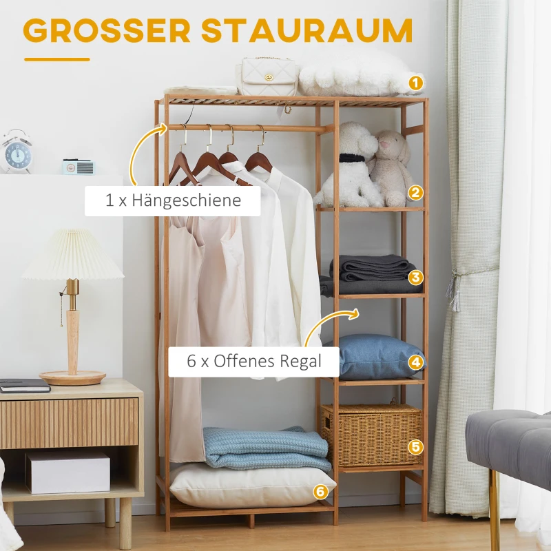 HOMCOM Wieszak garderobiany z drążkiem, półką na buty, regałem, garderobą z bambusa, kolor naturalnego drewna