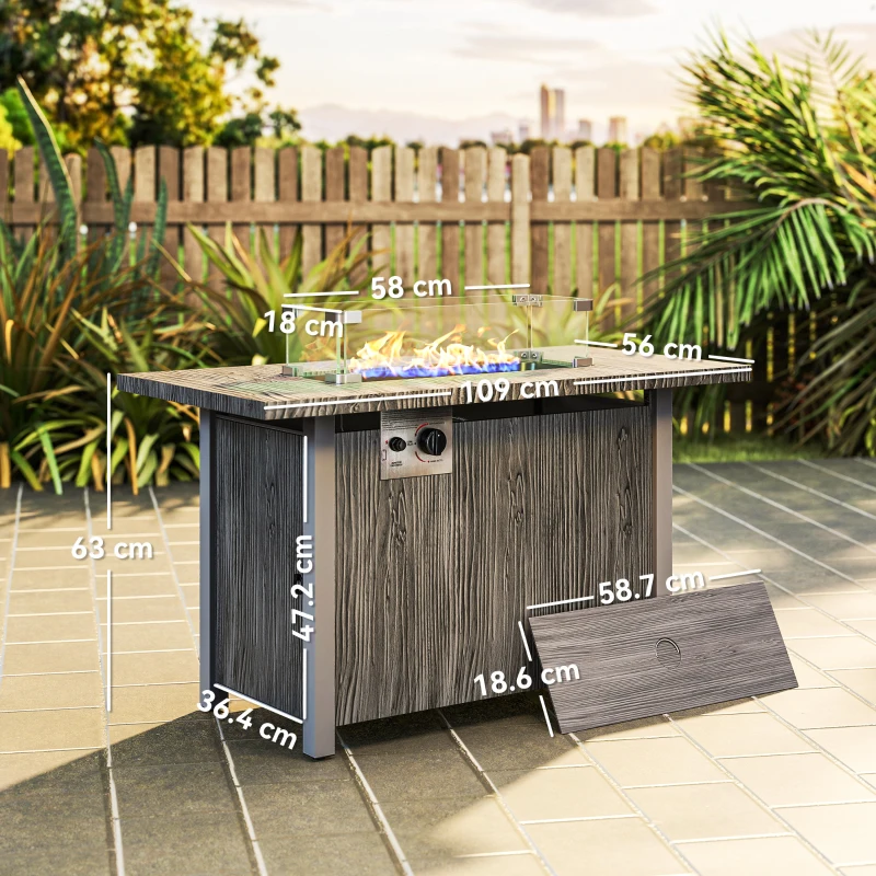 Outsunny 50,000 BTU Gas Fire Pit Table with Cover and Glass Screen - Dark Grey