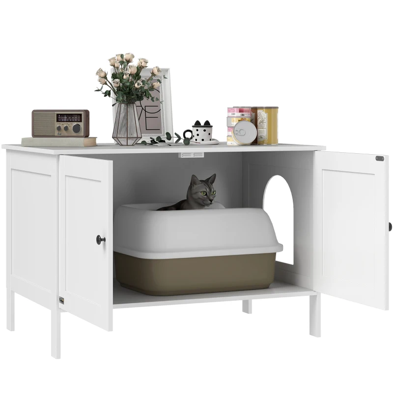 PawHut Szafka na kuwetę dla kota z drzwiami, przegrodą dla dużych kotów 80 x 51 x 54 cm, Biały