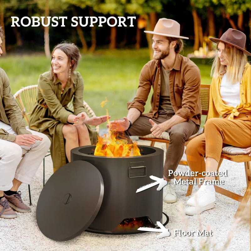 Outsunny Outdoor Round Fire Pit with Lid and Fire Poker - Black