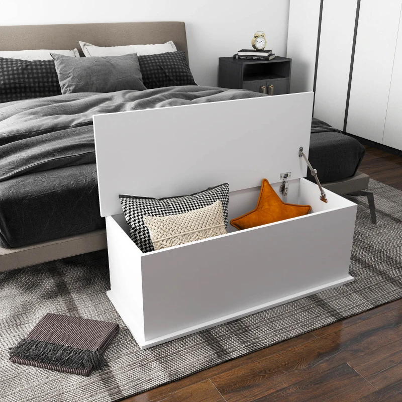HOMCOM 113L Storage Chest, Storage Box with Flip-Top Lid and 2 Safety Hinges, Storage Trunk for Living Room, Entryway, 100 x 40 x 40 cm, White