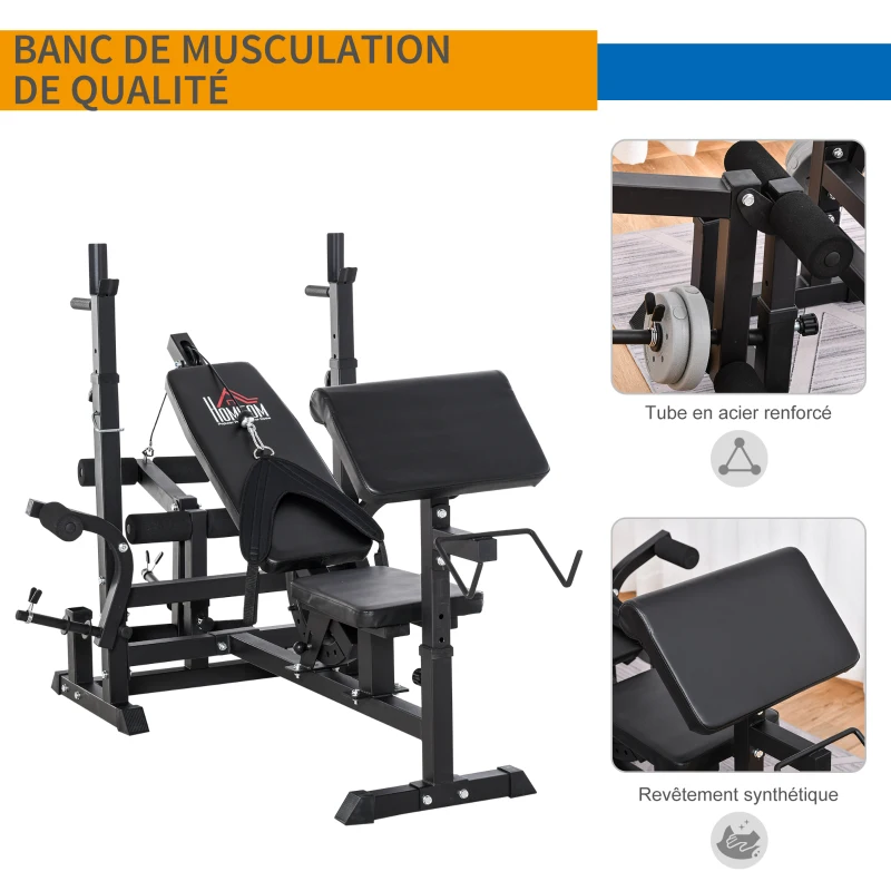 HOMCOM Banc de musculation multifonction réglable - pupitre à biceps, repose barre curl, poignées à Dips, module extension bras jambes, résistance horizontale - acier noir