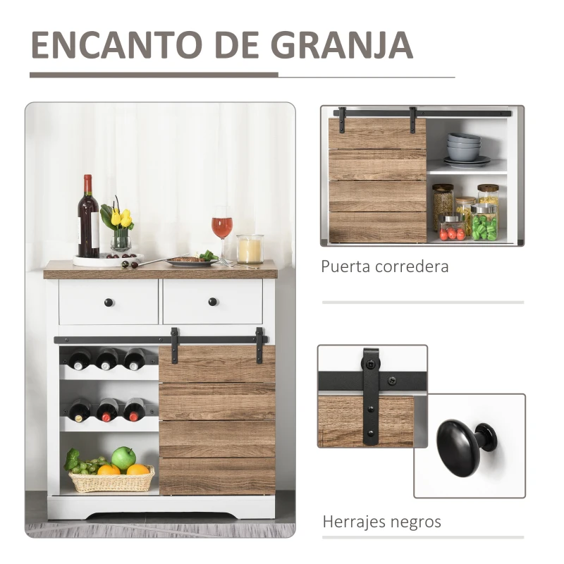 HOMCOM Mueble de Cocina con Puerta Corredera de Granero Botellero Cajones y Estantes para Comedor Salón 80x39x86 cm Blanco