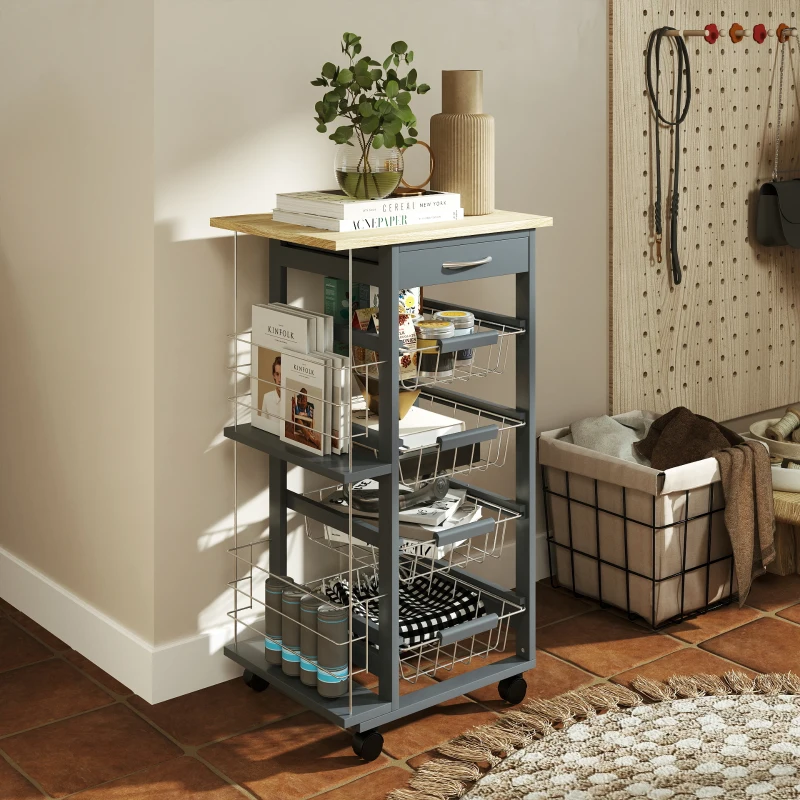 HOMCOM Rolling Kitchen Cart, Utility Storage Cart with 4 Basket Drawers & Side Racks, Wheels for Dining Room, Grey