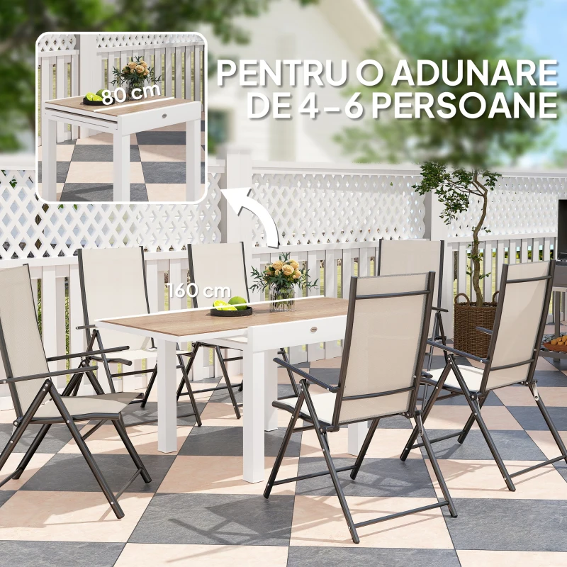 Outsunny Masă de Grădină Extensibilă din Aluminiu cu Blat din PSPC, 80/160x80x75 cm, Alb