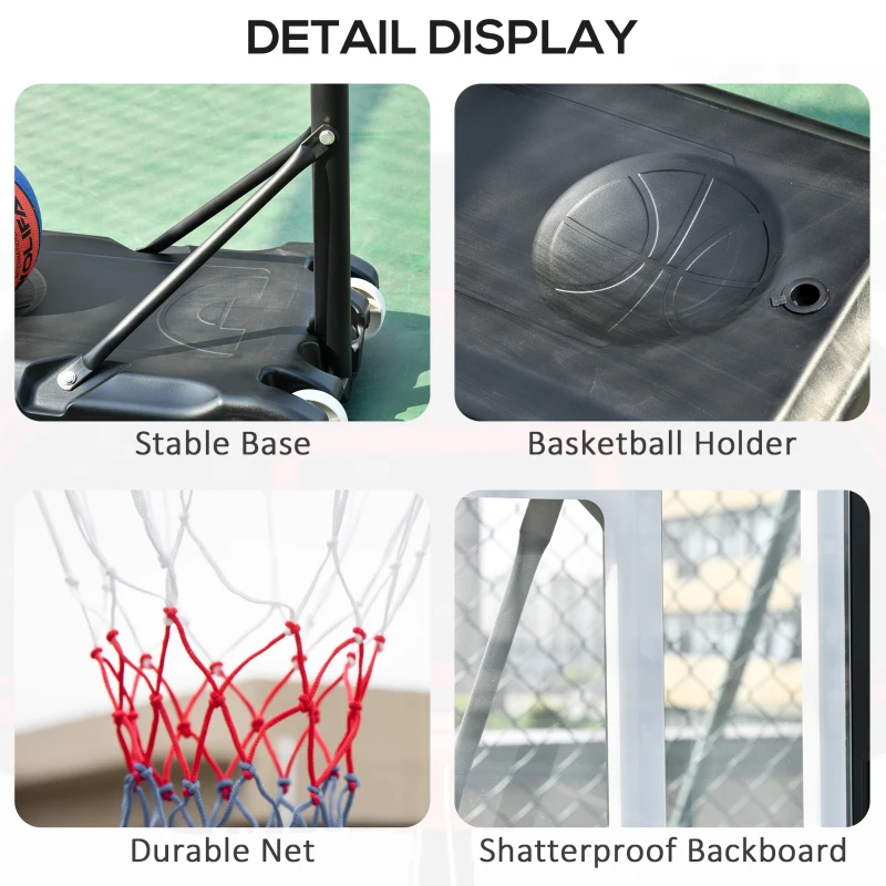 HOMCOM basketbalstandaard in hoogte verstelbaar basketbalsysteem voor kinderen basketbalring met wielen buiten staal PVC HDPE zwart 83 x 75 x 206-260 cm