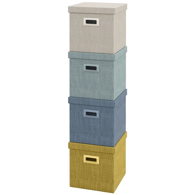 HOMCOM Set 4 Scatole per Armadi in Tessuto con Coperchio e Pieghevoli 30x30x29cm, Blu, Crema, Verde e Grigio Chiaro