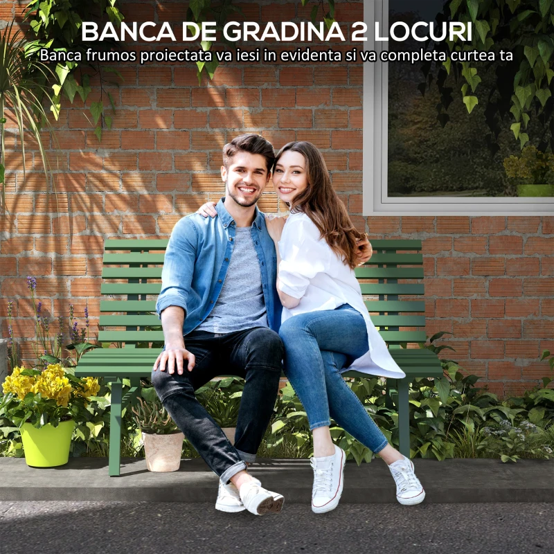 Outsunny Bancă pentru Grădină, Banca de Exterior pentru Terasă cu Șezut și Spătar cu Lamele, 123x67x79 cm, Verde