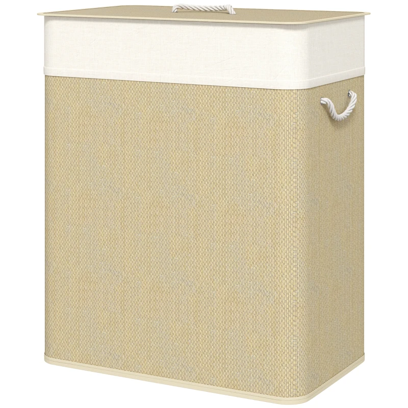 HOMCOM Cesto de Roupa com Tampa 100L de Bambu com 2 Compartimentos Bolsa Interior Amóvivel 52x32x63 cm Bege e Creme