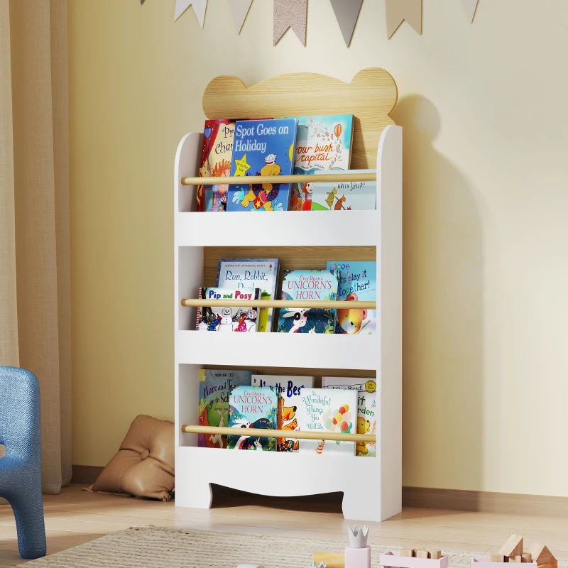AIYAPLAY Estante Infantil de 3 Níveis Estante para Livros Infantil Desenho de Ursinho 55x15x110 cm Branco e Madeira