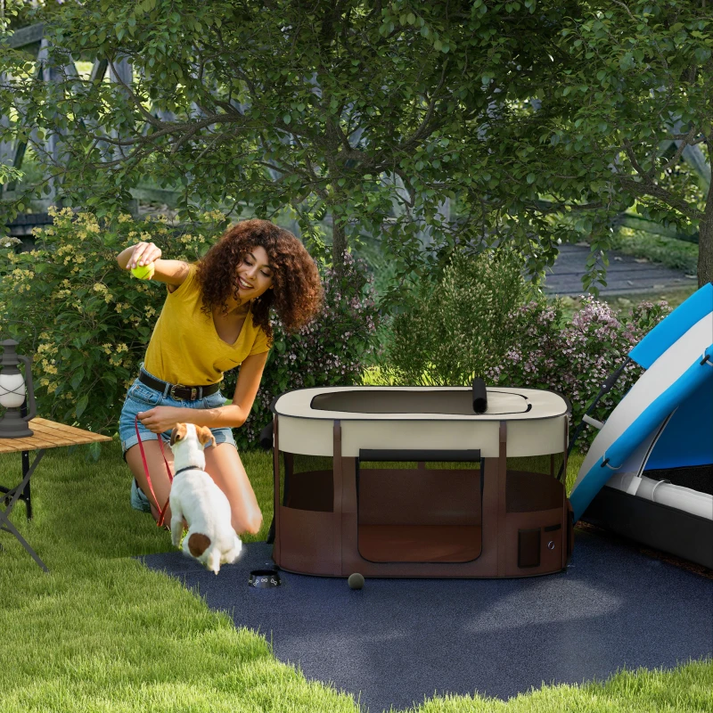 PawHut Parc pliable pour animaux de compagnie parc pour chiots en tissu Oxford avec fenêtres et portes sac de rangement marron