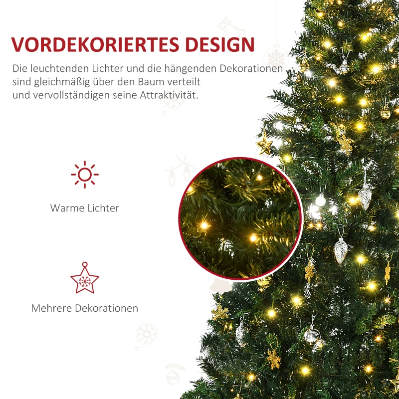 HOMCOM Künstlicher Weihnachtsbaum 180 cm künstlich Tannenbaum mit LED Beleuchtung, Kugeln, Christbaum mit 745 Spitzen, Weihnachtsdeko inkl. Metallständer für Drinnen