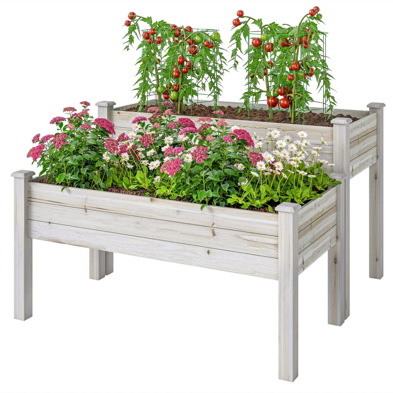 Outsunny Hochbeet Pflanzenbeet Blumenkasten, 2 Pflanzkästen, Massivholz, 115 cm x 114 cm x 76 cm, Natur