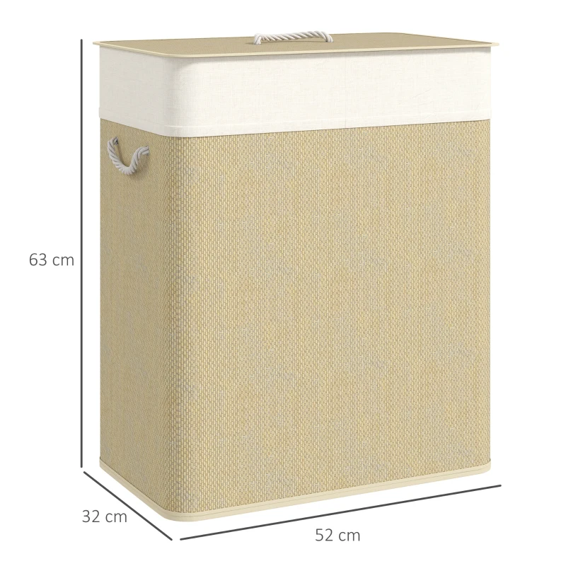 HOMCOM Cesto de Roupa com Tampa 100L de Bambu com 2 Compartimentos Bolsa Interior Amóvivel 52x32x63 cm Bege e Creme