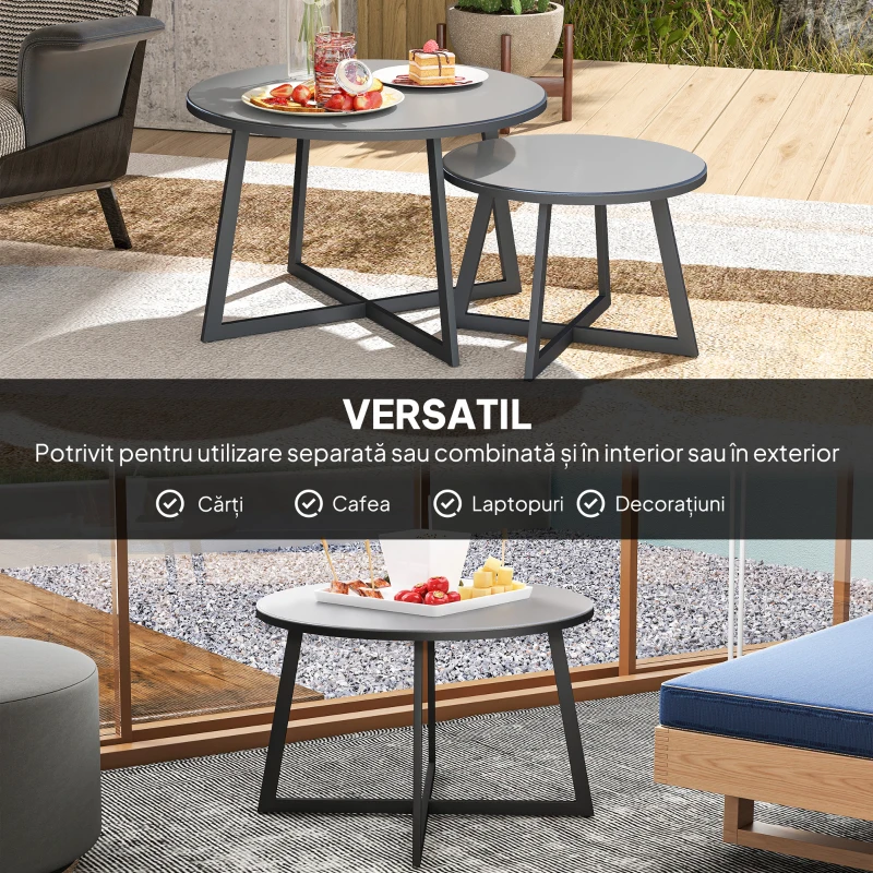 Outsunny Set 2 Măsuțe de Grădină cu Blat din Sticlă Securizată, Ø70x45 cm, Gri