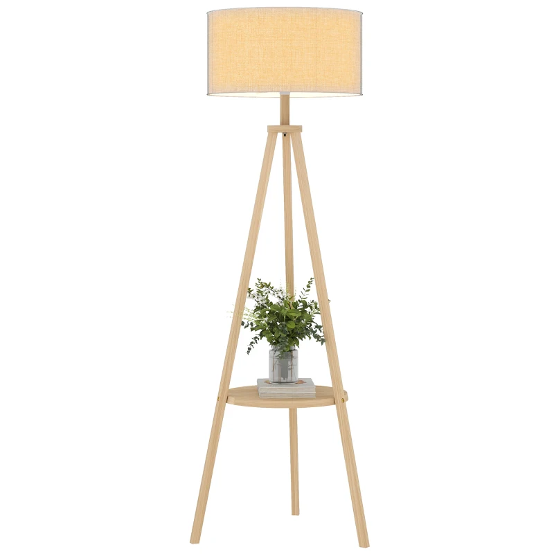 HOMCOM Candeeiro de Pé com Tripé com Estrutura em Madeira e Ecrã Similar ao Linho com Prateleira 48x48x153 cm Madeira e Cinzento