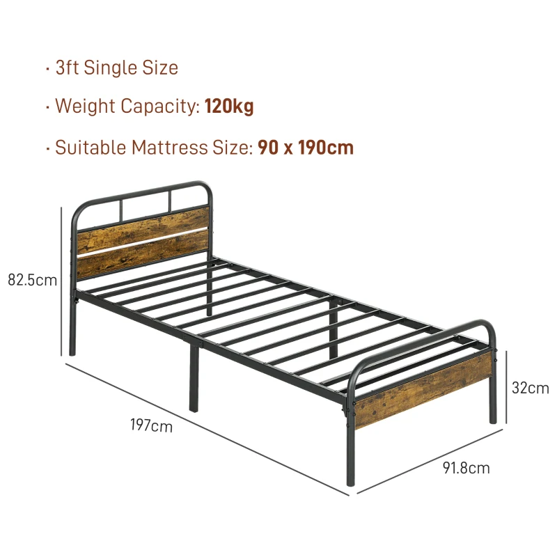 HOMCOM Industrial-Style Single Bed Frame - Black/Brown