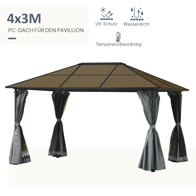 Outsunny Pavillon mit Polycarbonatdach, Vorhänge mit Fliegennetz, Alugestell, dunkelgrau, 3 x 4 x 2,6 m