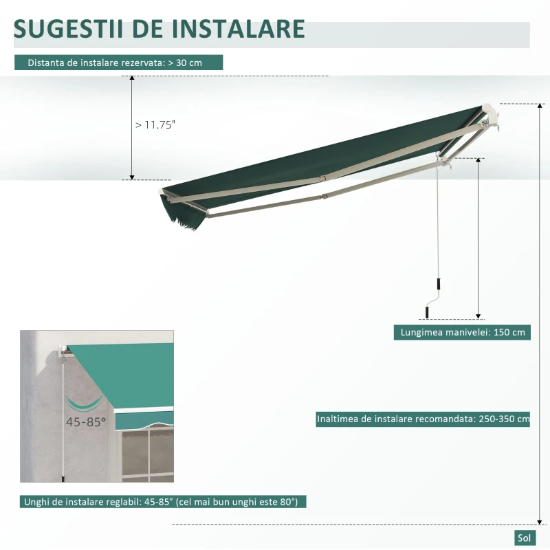 Outsunny Copertina Soare cu Manivela Husă rezistentă la apă 395x245cm Verde