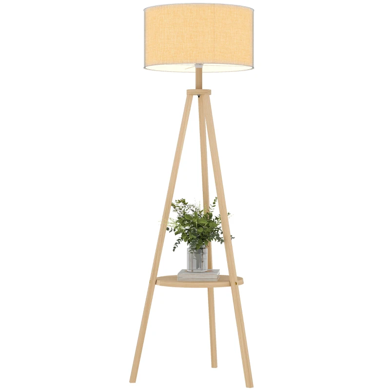 HOMCOM Candeeiro de Pé com Tripé com Estrutura em Madeira e Ecrã Similar ao Linho com Prateleira 48x48x153 cm Madeira e Cinzento