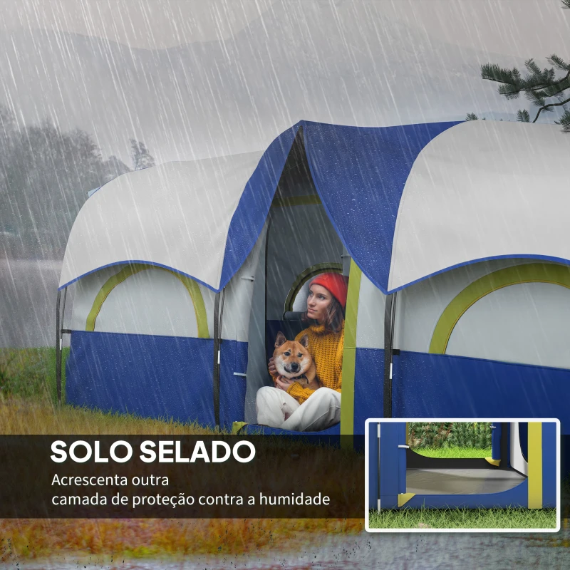 Outsunny Tenda de Campismo Familiar Tipo Túnel para 4-6 Pessoas Impermeável 3.000 mm Dobrável 435x251x195 cm Azul e Cinzento
