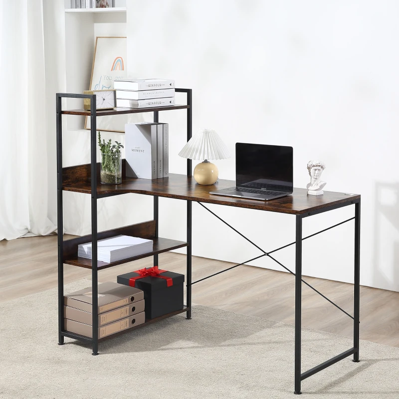 HOMCOM Office Desk with Storage Shelves, 120 CM Computer Desk, Industrial Study Table with Metal Frame for Home Office Small Space, Rustic Brown