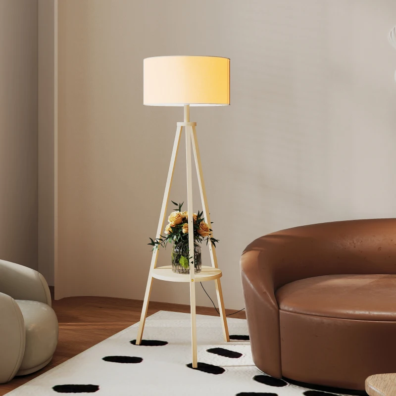 HOMCOM Candeeiro de Pé com Tripé com Estrutura em Madeira e Ecrã Similar ao Linho com Prateleira 48x48x153 cm Madeira e Cinzento