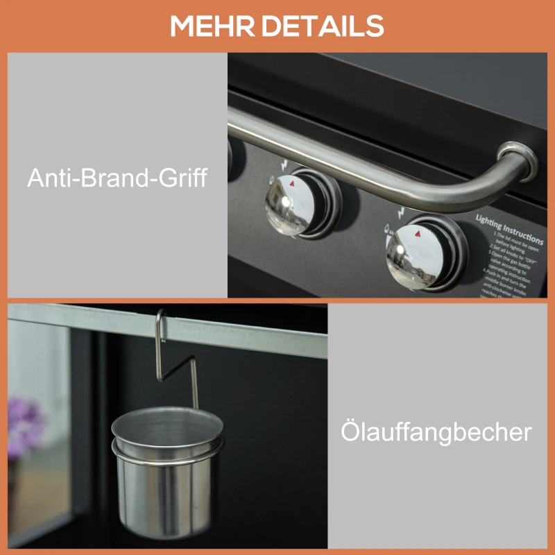 Outsunny Gasgrill, BBQ-Grill mit 3 Brennern je 2,9 kw, 4 Räder, Schwarz
