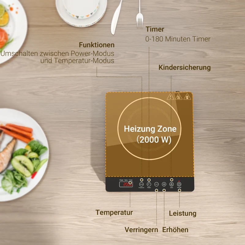 Płyta Indukcyjna HOMCOM z Panel Dotykowy, 10 Ustawień Temperatury, Czarna