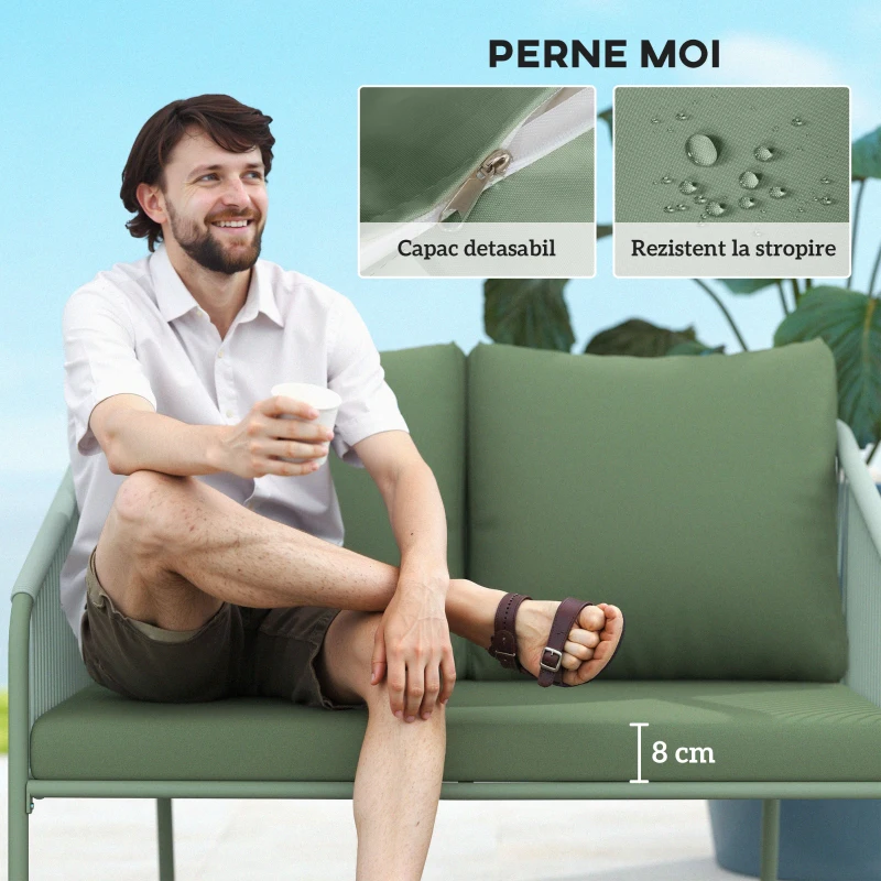 Outsunny Canapea de Grădină cu 2 Locuri, Perne Detașabile, Brațe și Cadru din Oțel, 112x72x76 cm, Verde