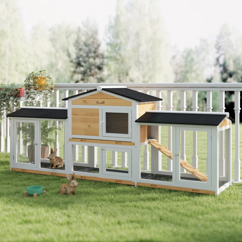 PawHut 2-Tier Large Rabbit Hutch Outdoor with Double Side Run Boxes, No-leak Plastic Tray, Ramp, 230 x 53 x 93.5cm, White