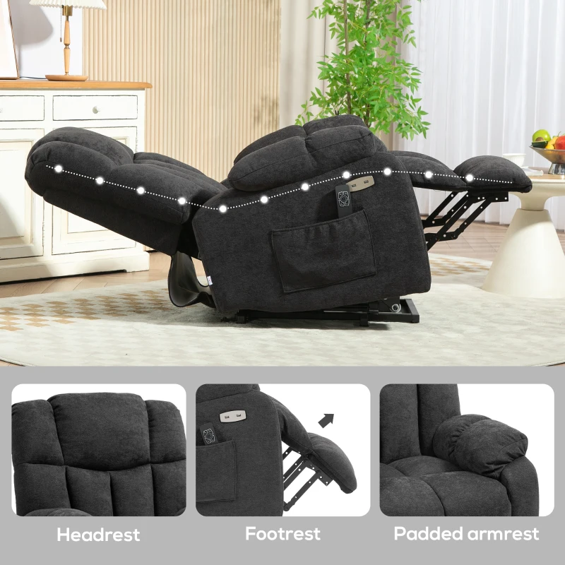 HOMCOM Fotel relax 2-w-1 z funkcją leżenia, porty USB, sprężyny kieszeniowe, Czarny