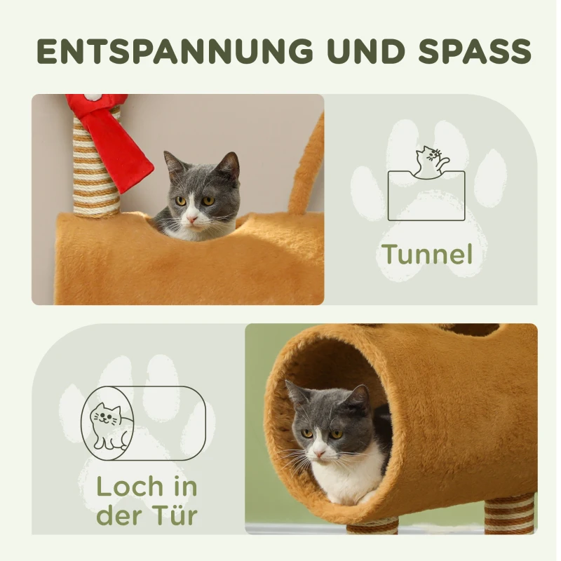 PawHut Krabpaal 98 cm Kattentoren in Hertontwerp met Speelhol, Speelbal, Jutepalen, Bruin