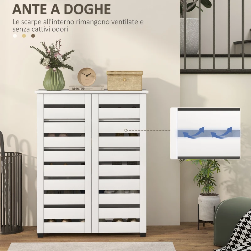 HOMCOM Mobile Scarpiera a 5 Livelli con 4 Ripiani Regolabili e Ante a Doghe, in Legno, 76x33Px98 cm, Bianco