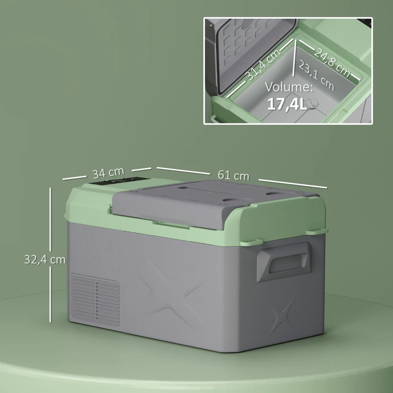 Outsunny Geleira Portátil Elétrica 17,5L -20℃ a +20 ℃ 12V/24V Mini Geleira com Rodas Compressor e Ecrã LED Tátil 61x34x32,4 cm Cinza e Verde