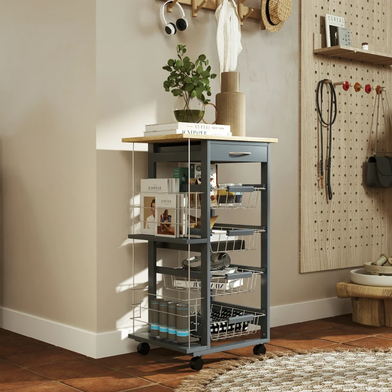 HOMCOM Rolling Kitchen Cart, Utility Storage Cart with 4 Basket Drawers & Side Racks, Wheels for Dining Room, Grey