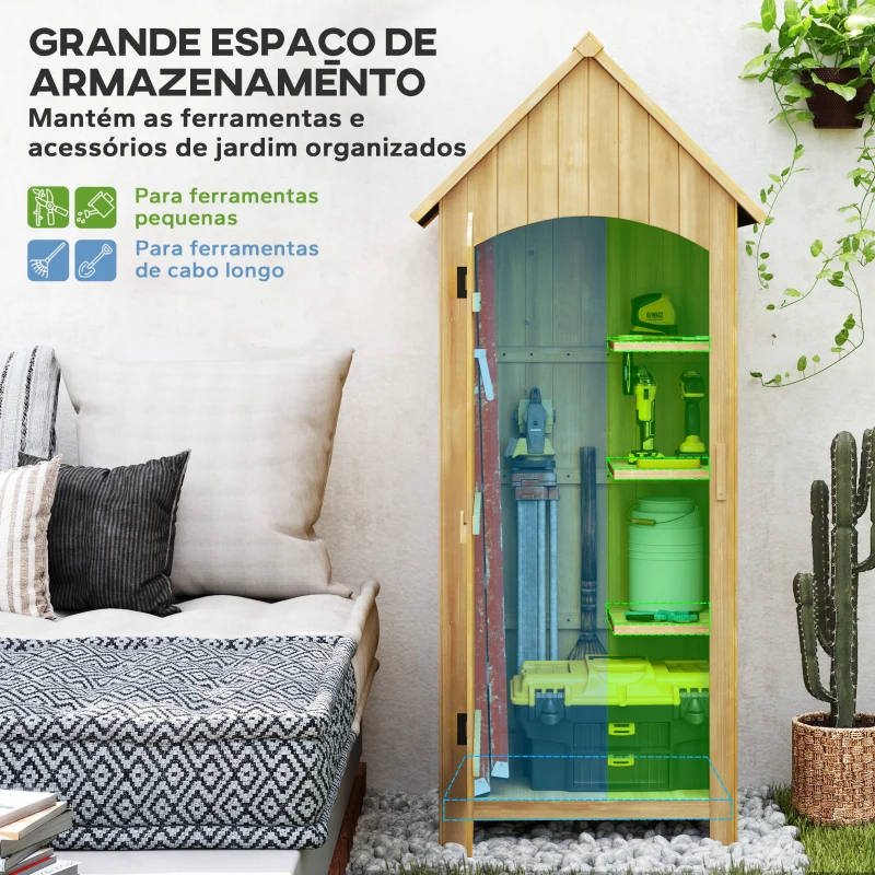 Outsunny Armário  Jardim de Madeira 77,5x54,2x179,5 cm 0,3 m² Armário para Arrumação de Ferramentas com 3 Prateleiras e 2 Portas com Fecho Madeira
