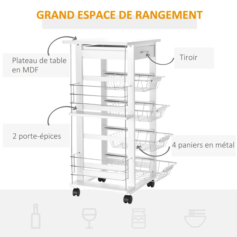 HOMCOM Desserte cuisine à roulettes avec tiroir, 4 paniers et étagères latérales, 47 x 37 x 83 cm, blanc