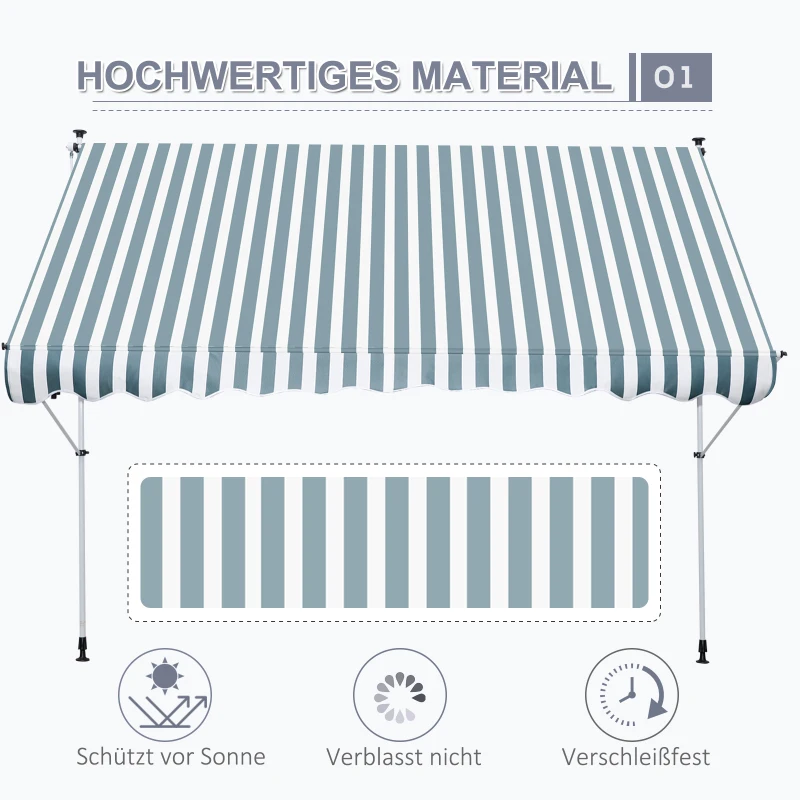 Outsunny Klemmarmmarkise mit Faltarm Höhenverstellbar Wetterbeständig 300 cm × 150 cm x 280 cm blau + weiß