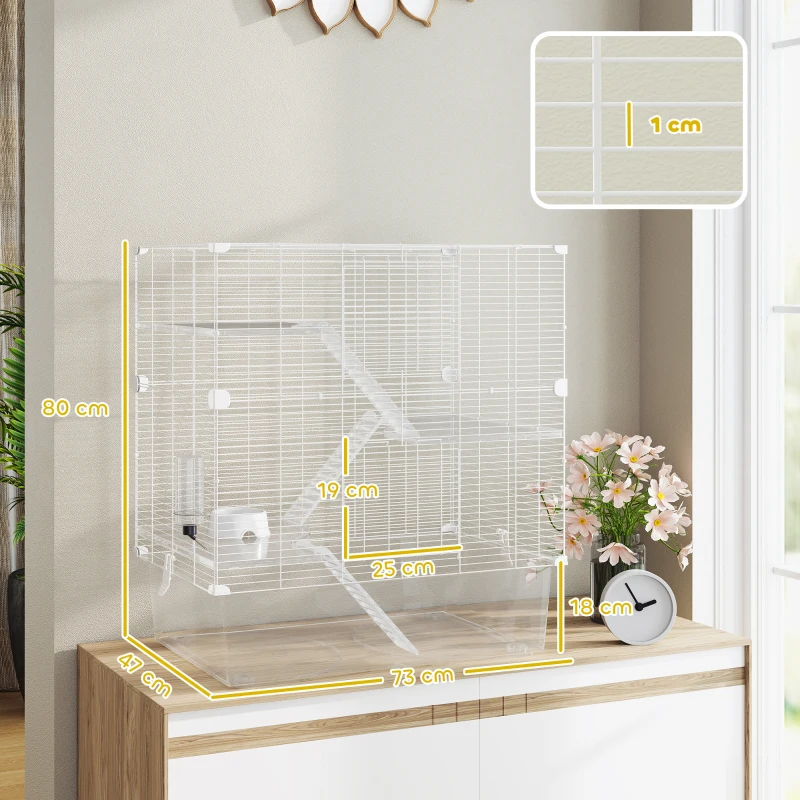 PawHut Gaiola para Pequenos Animais de 4 Níveis com Bandeja Inferior Gaiola para Roedores com Rampas Comedouro e Bebedouro 73x47x80 cm Branco