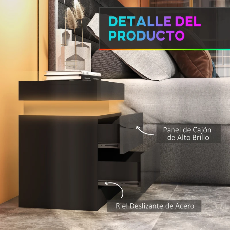 HOMCOM Mesilla de Noche con Luces LED 2 Cajones y Control Remoto Mesa de Noche para Dormitorio Salón 45x35x52 cm Negro