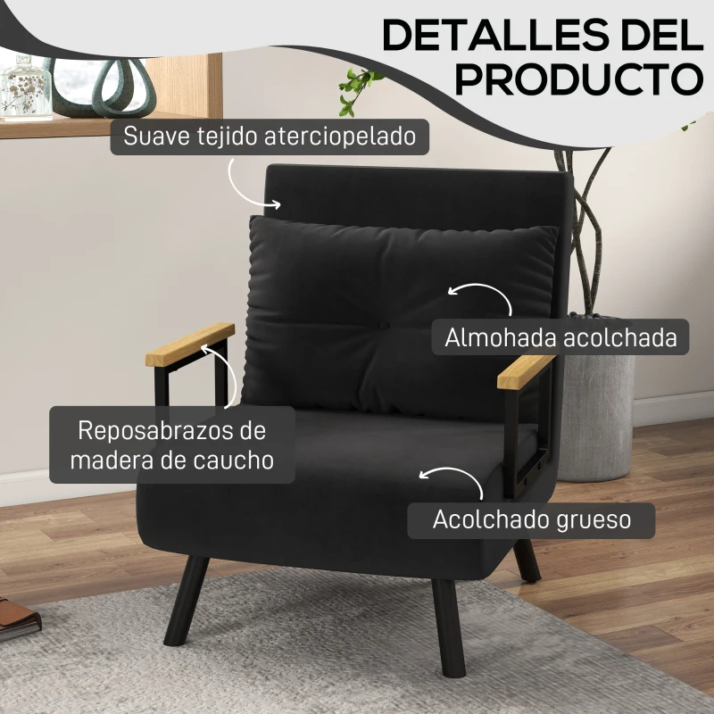 HOMCOM Sofá Cama Individual Plegable Silla Cama Convertible 4 en 1 Respaldo Ajustable de 5 Niveles y Almohada 63x73x81 cm Negro