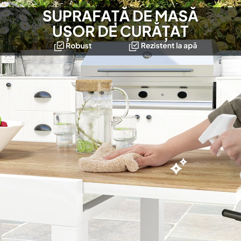 Outsunny Masă de Grădină Extensibilă din Aluminiu cu Blat din PSPC, 80/160x80x75 cm, Alb