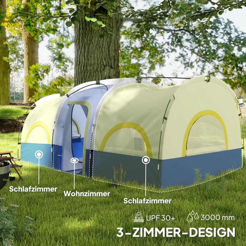 Outsunny Familien-Campingzelt, 2 Schlafzimmer, zentraler Raum, wasserdicht, Blau