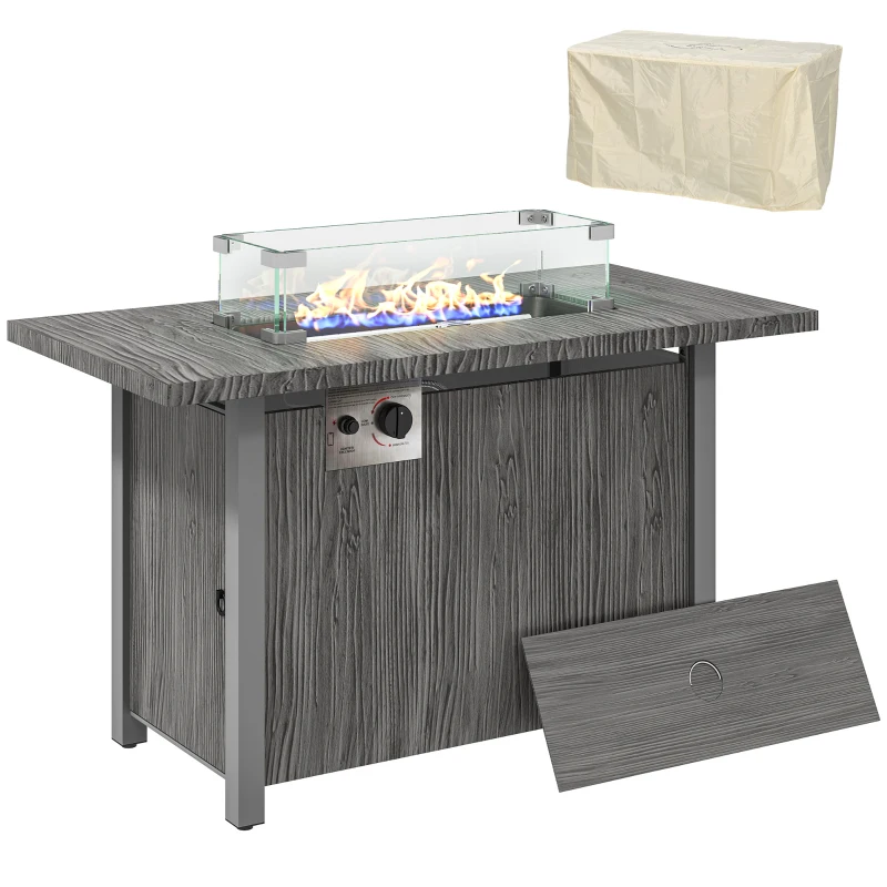 Outsunny 50,000 BTU Gas Fire Pit Table with Cover and Glass Screen - Dark Grey