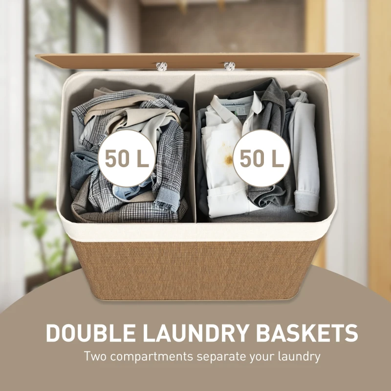 HOMCOM Double Laundry Basket with Lid, 100L Bamboo Laundry Hamper with Rope Handles, Washing Basket with Removable Liner for Bathroom, Bedroom, Brown