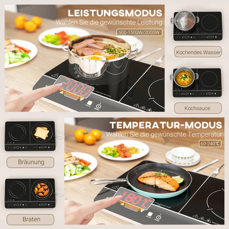 HOMCOM Przenośna płyta indukcyjna, kontrola temperatury w 10 krokach, panel dotykowy, czarna