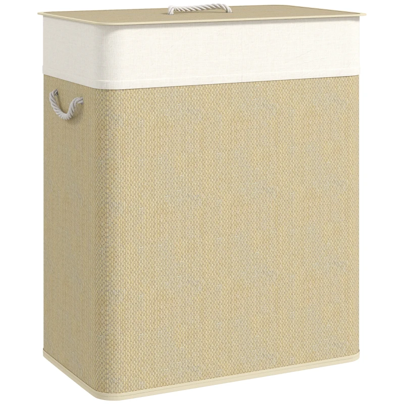 HOMCOM Cesto de Roupa com Tampa 100L de Bambu com 2 Compartimentos Bolsa Interior Amóvivel 52x32x63 cm Bege e Creme